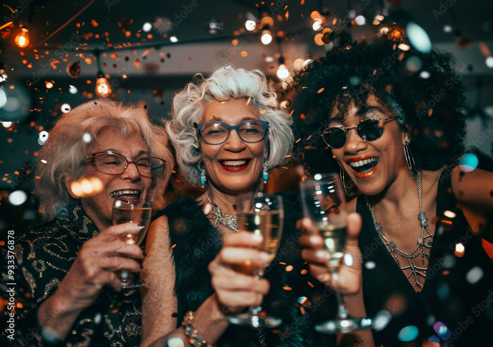 AI generated photo with multi ethnic senior women friends celebrating New Year's Eve with champagne and confetti. Festive sparkle New year's party AI generated photo with multi ethnic senior women friends celebrating New Year's Eve with champagne and confetti. Festive sparkle New year's party
