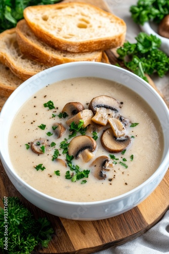 Creamy mushroom soup served with sliced bread on a wooden cutting board