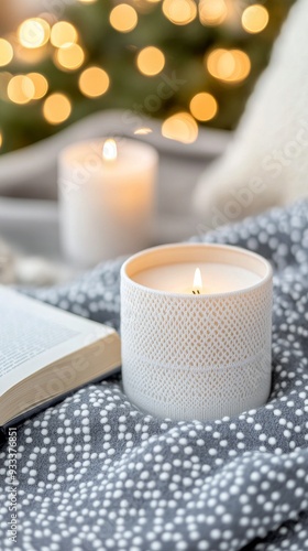 Cozy evening with candles, a book, and bokeh lights in a warm living room