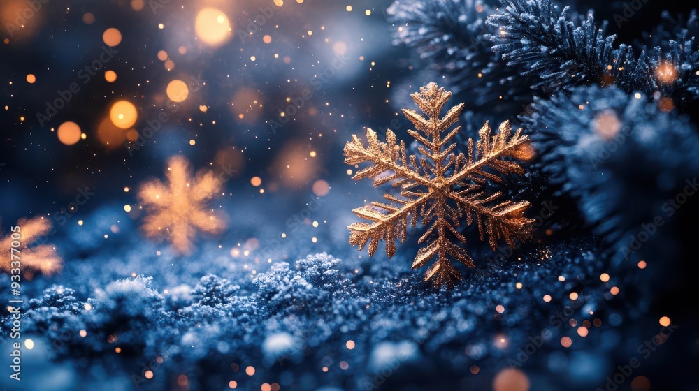 ethereal winter wonderland with shimmering gold and navy snowflakes dancing against a deep twilight sky creating a magical and enchanting atmosphere ethereal winter wonderland with shimmering gold and navy snowflakes dancing against a deep twilight sky creating a magical and enchanting atmosphere