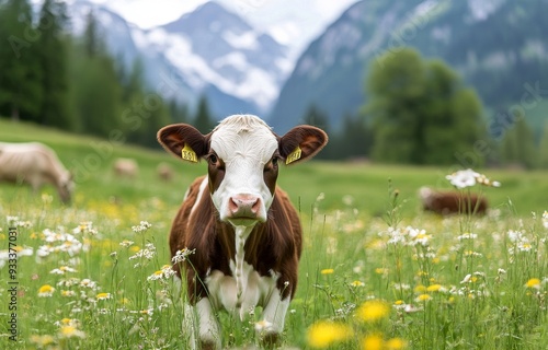 Cow grazing among wildflowers in a mountainous meadow during a sunny day