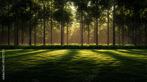 Sun rays through trees in a...