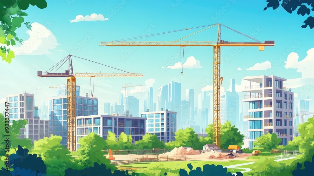 Obraz premium Two construction cranes lift building materials against a backdrop of a modern city skyline and a lush green park.