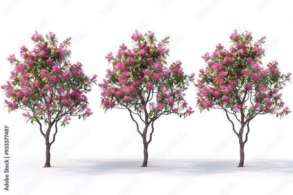Obraz premium A picturesque scene featuring a set of Cornus florida trees, also known as flowering dogwoods, in full bloom. The trees are adorned with clusters of delicate white and pink flowers against a backdrop 