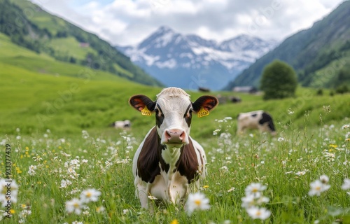Cow grazing among wildflowers in a mountainous meadow during a sunny day