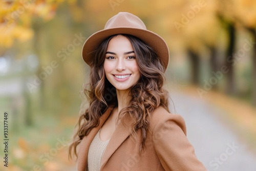 Young woman smiling in a brown hat and coat among autumn leaves in a park