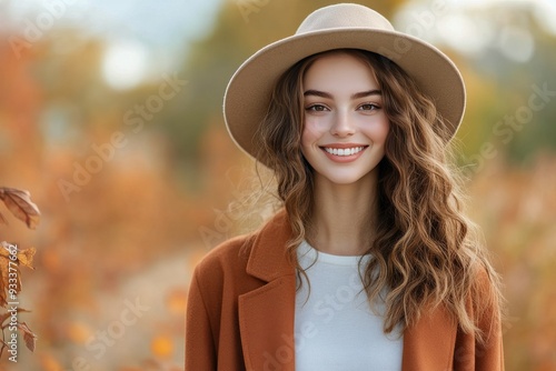Young woman with curly hair smiles amid autumn leaves in a city park