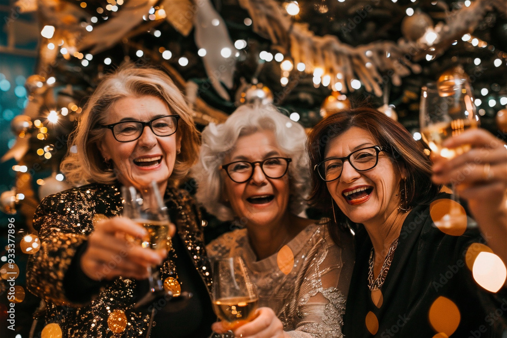 Fototapeta premium AI generated photo with multi ethnic senior women friends celebrating New Year's Eve with champagne and confetti. Festive sparkle New year's party