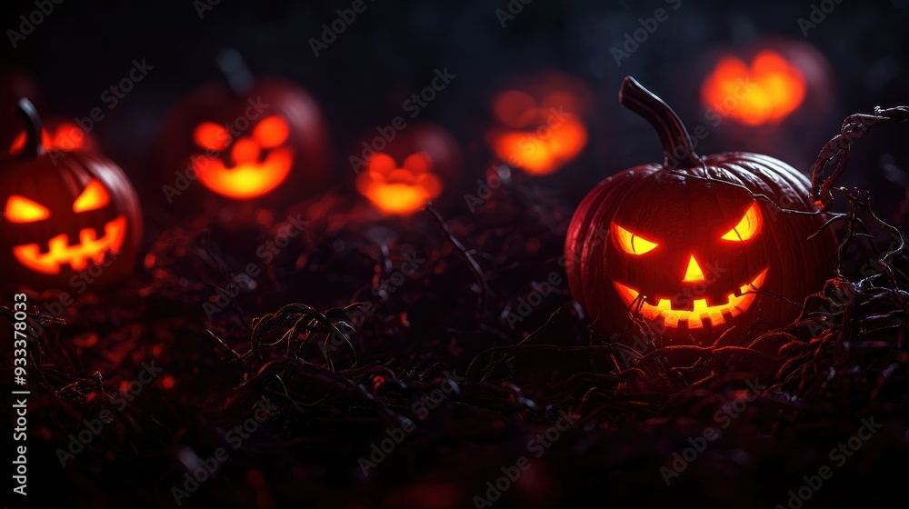 Enchanting Halloween Pumpkin Patch with Glowing Jack O'Lanterns and Twisted Vines in Mysterious Darkness - Copy Space for Text Enchanting Halloween Pumpkin Patch with Glowing Jack O'Lanterns and Twisted Vines in Mysterious Darkness - Copy Space for Text