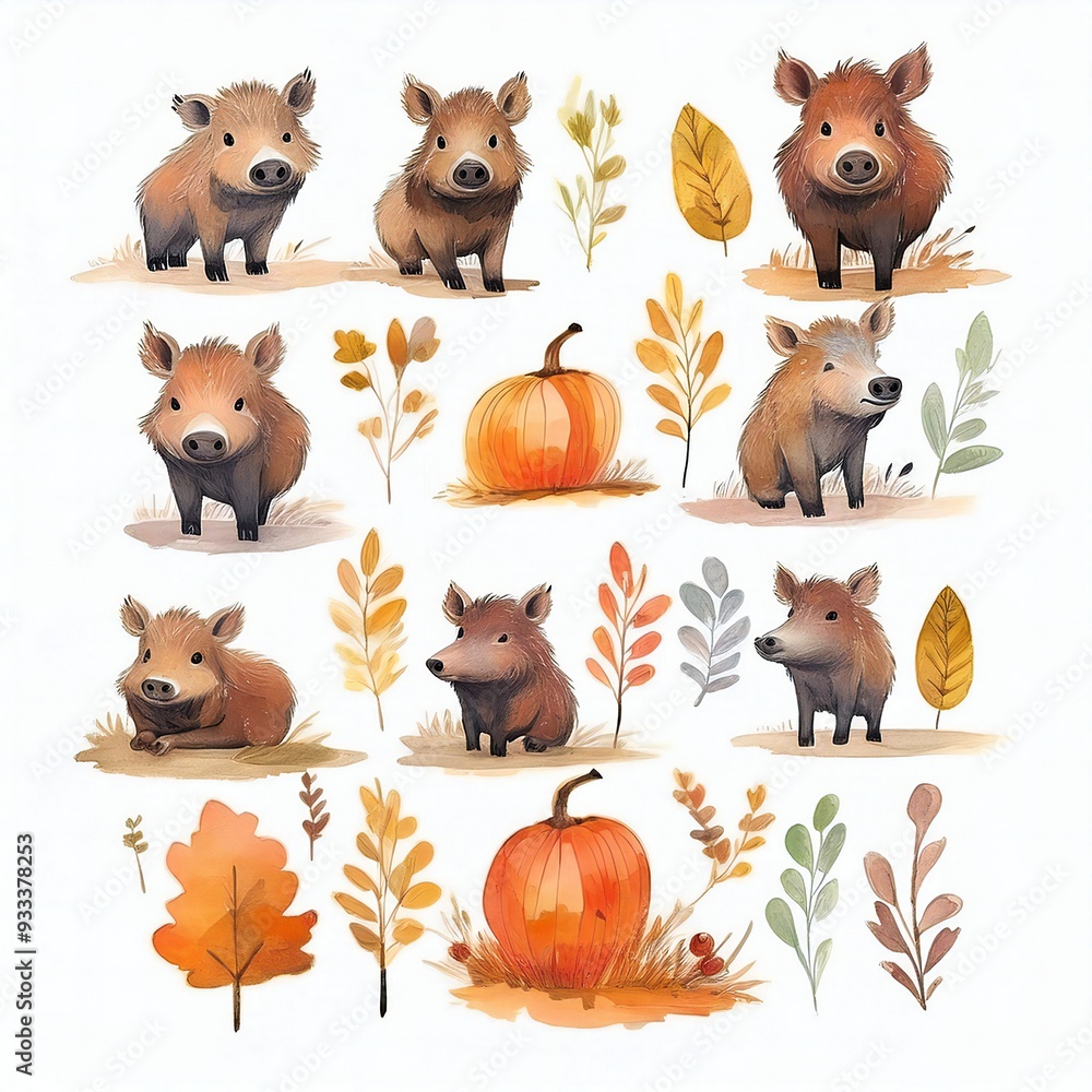Fototapeta premium Watercolor style cliparts on the theme of autumn