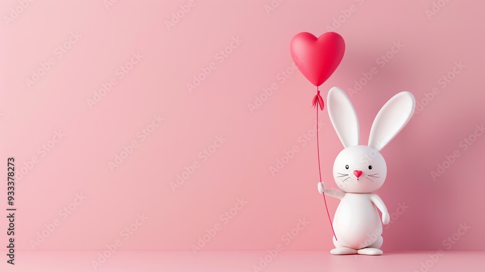 A white bunny rabbit holding a red heart-shaped balloon on a pink background. A white bunny rabbit holding a red heart-shaped balloon on a pink background.