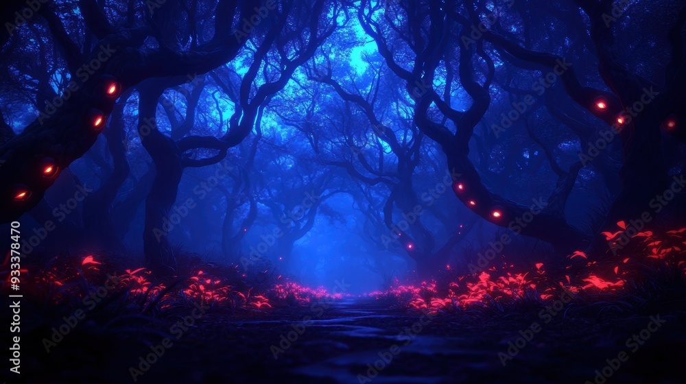 Fototapeta premium Enigmatic Dark Forest: Mysterious Paths and Watching Eyes in Eerie Wilderness | Copy Space, Selective Focus, Ultra HD