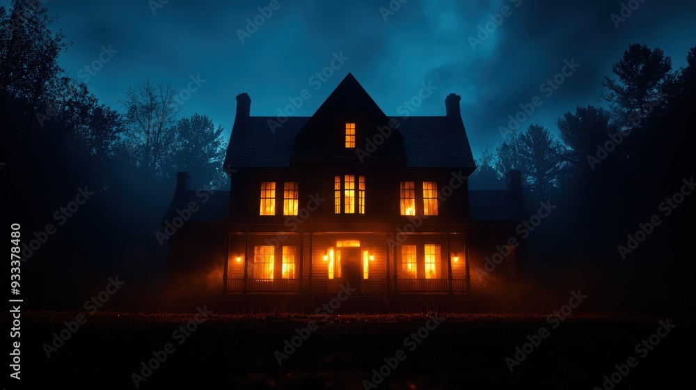 Eerie Haunted Victorian Mansion with Flickering Lights and Dark Spirits, Classic Horror Scene with Copy Space, Ultra HD Quality Eerie Haunted Victorian Mansion with Flickering Lights and Dark Spirits, Classic Horror Scene with Copy Space, Ultra HD Quality