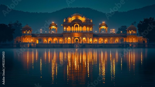 A historic Indian palace illuminated by Diwali lights, with reflections on a tranquil water body, Diwali architecture, heritage celebration photo