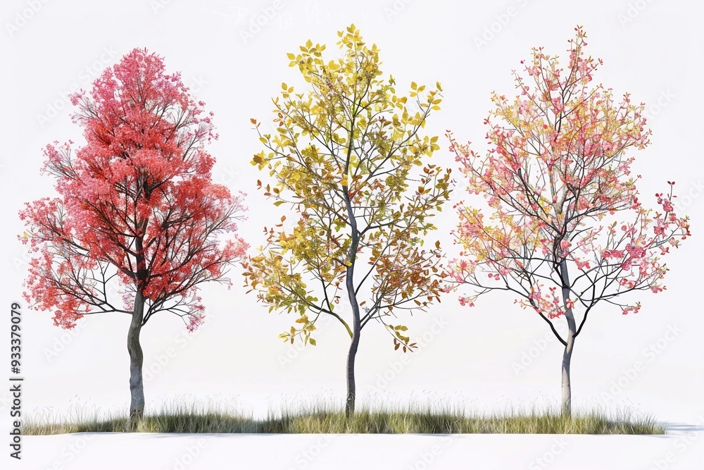 A realistic 3D illustration of a set of Cornus florida trees, capturing their beautiful spring blossoms with clusters of white and pink flowers. The illustration highlights the intricate details of th A realistic 3D illustration of a set of Cornus florida trees, capturing their beautiful spring blossoms with clusters of white and pink flowers. The illustration highlights the intricate details of th