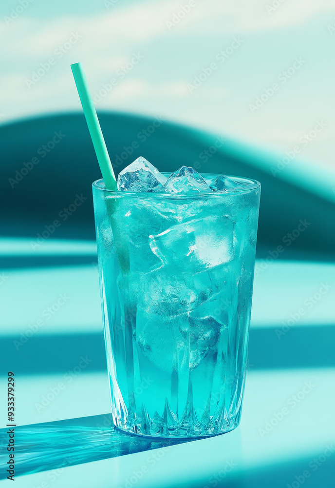 blue cocktail with ice cubes in an elegant glass, set against a sea background with a turquoise color and green straw, summer vibe poster wall art blue cocktail with ice cubes in an elegant glass, set against a sea background with a turquoise color and green straw, summer vibe poster wall art