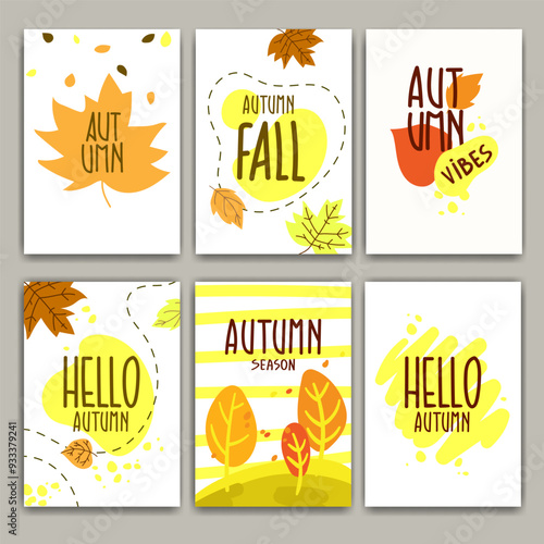 Autumn mood greeting cards, posters, covers template set hand drawing design. Autumn seasonal abstract posters with thematic inscriptions. Fall seasonal cards design. Vector illustration