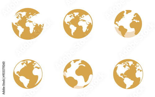 Globe icons, various map styles and continents. Vector cartoon illustration.
