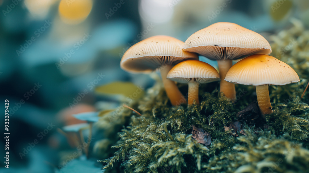 Fototapeta premium Close-up of mushrooms on forest floor, autumnal scene, soft focus background