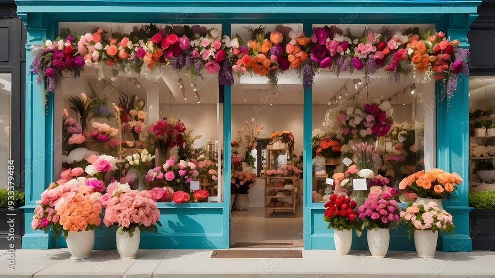 An elegant flower shop brimming with vibrant, fresh blooms. The storefront is adorned with cascading floral arrangements, and inside, the shop is filled with a variety of colorful flowers in beautiful An elegant flower shop brimming with vibrant, fresh blooms. The storefront is adorned with cascading floral arrangements, and inside, the shop is filled with a variety of colorful flowers in beautiful