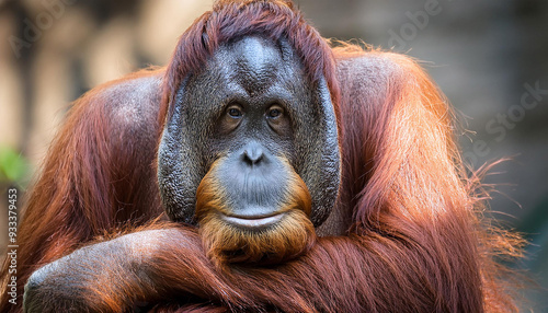 an Orangutan, Highlighting Its Facial Expressions and Hair Texture