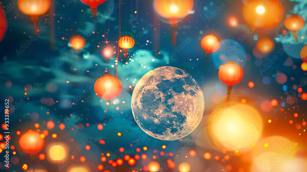 Mid-Autumn Festival background banner, image of a big full moon in the night sky, surrounded by colorful lanterns Mid-Autumn Festival background banner, image of a big full moon in the night sky, surrounded by colorful lanterns