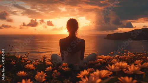 Woman meditates on a cliff ...