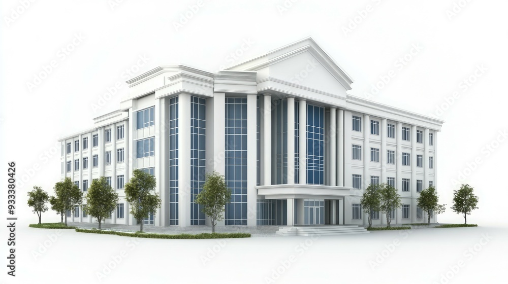 Fototapeta premium White building with large windows and columns, surrounded by green bushes.