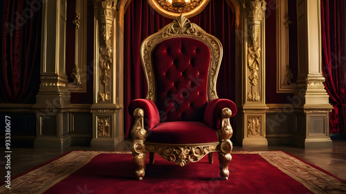 A red chair with a gold frame and red curtains with candles on it. photo