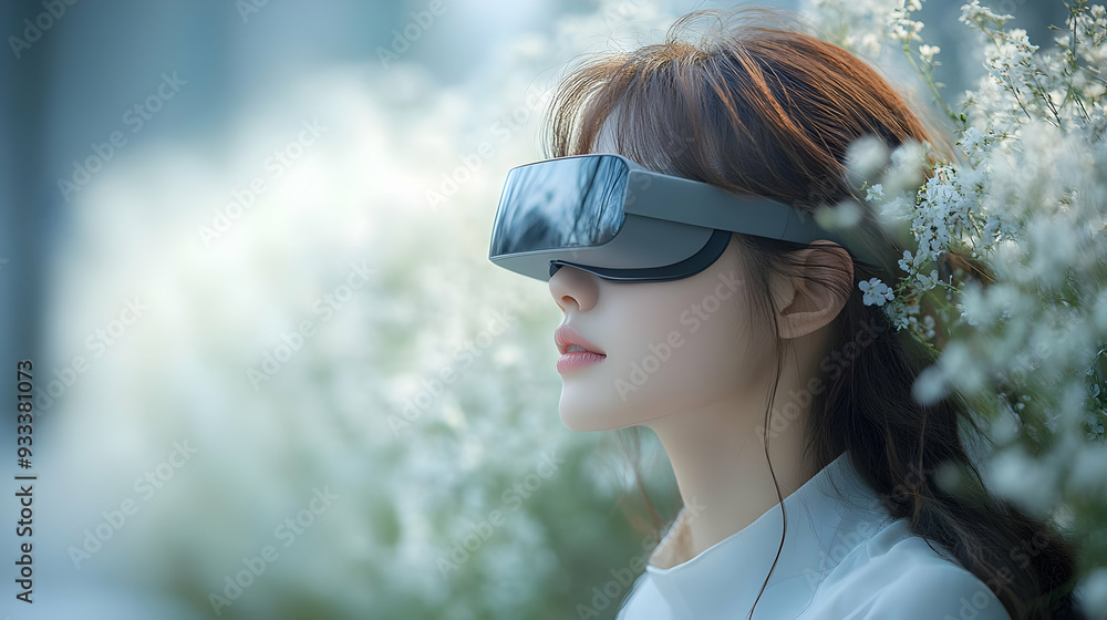 Woman wearing VR headset looking into the distance.