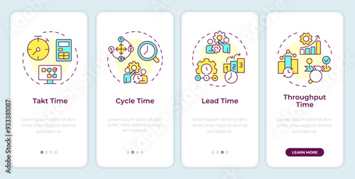 APM metrics onboarding mobile app screen. Workload efficiency. Walkthrough 4 steps editable graphic instructions with linear concepts. UI, UX, GUI template. Montserrat SemiBold, Regular fonts used