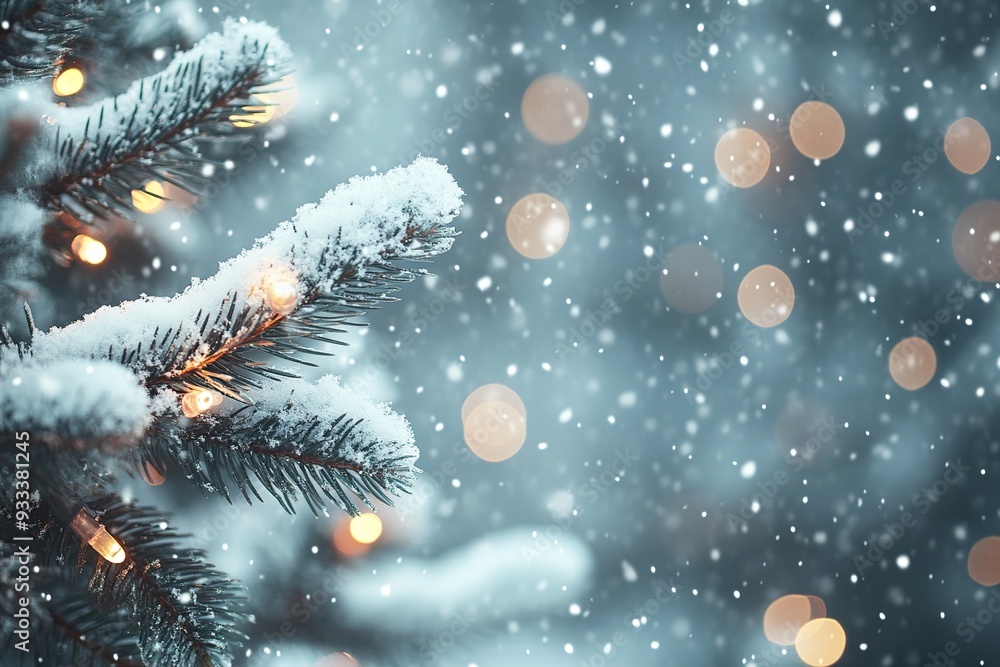 White Snow with Blurred Festive Christmas Tree and Bokeh Light Background White Snow with Blurred Festive Christmas Tree and Bokeh Light Background