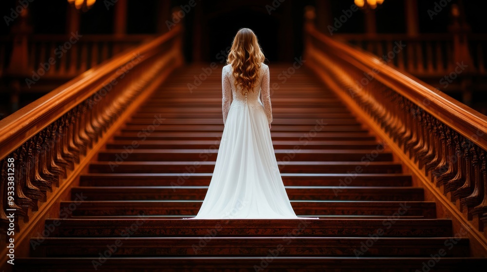 Fototapeta premium Eerie Ghostly Woman on Grand Staircase with Copy Space - Ultra HD Image