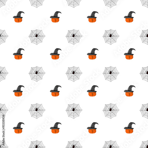 Halloween seamless pattern with pumpkins and spidersweb photo