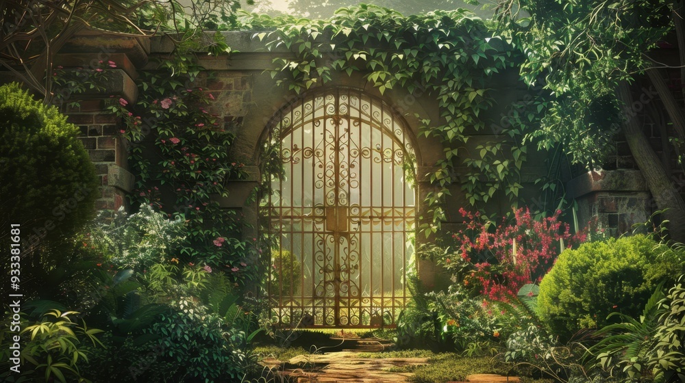 A bronze gate leading into a lush garden, inviting visitors to explore the beauty within A bronze gate leading into a lush garden, inviting visitors to explore the beauty within