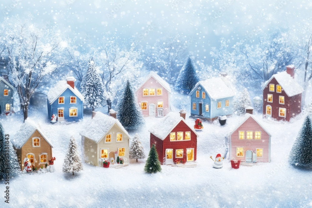Fototapeta premium A Snowy Winter Village with Illuminated Houses and Christmas Decorations