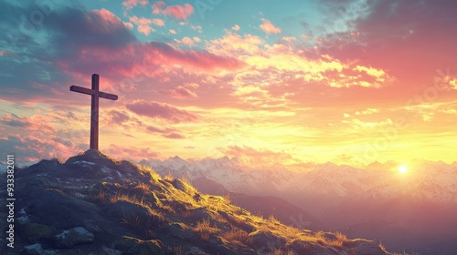 Wooden cross silhouette on a mountain peak at sunrise.