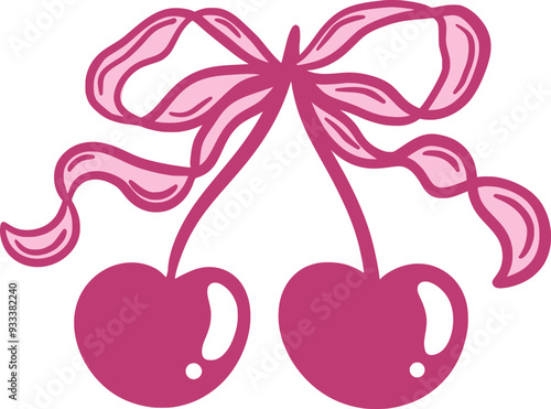 Charming vector illustration of two cherries tied together with a decorative ribbon bow. Hand drawn fruit. Coquette aesthetic.