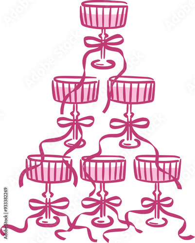 Elegant champagne tower with bows in a whimsical hand-drawn style. Isolated vector illustration. Holiday alcoholic drinks.