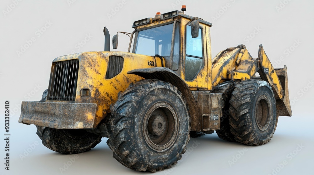 Worn yellow construction loader with large tires on a white background. Worn yellow construction loader with large tires on a white background.