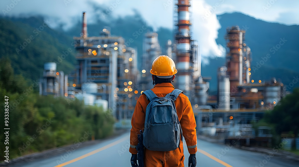 Worker in safety gear walking towards a large industrial plant. Worker in safety gear walking towards a large industrial plant.