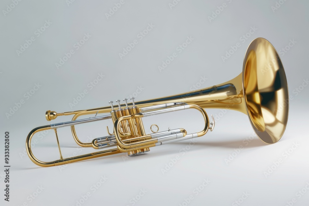 A golden trumpet sits on a white surface, ready to be played A golden trumpet sits on a white surface, ready to be played