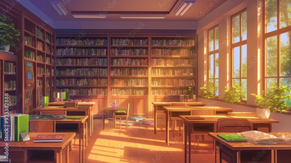 Illustration of School library with neat bookshelves, wooden study tables. Anime style
