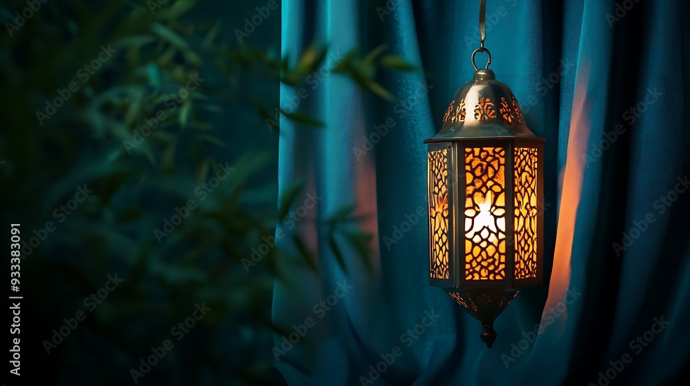 Eid Mubarak and Ramadan Kareem greetings with an Islam lantern, mosque banner backdrop Eid Mubarak and Ramadan Kareem greetings with an Islam lantern, mosque banner backdrop
