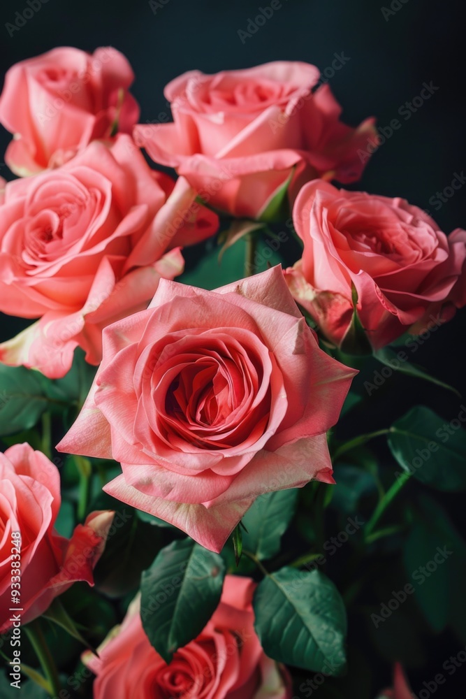 A bouquet of pink roses with green leaves A bouquet of pink roses with green leaves