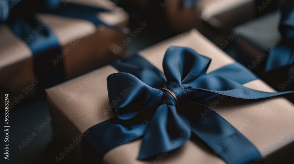 A close-up of a dark blue ribbon tied around a gift box, adding a touch of elegance A close-up of a dark blue ribbon tied around a gift box, adding a touch of elegance