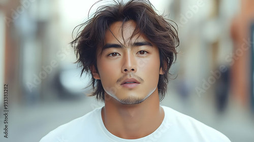 Young man with long hair an...