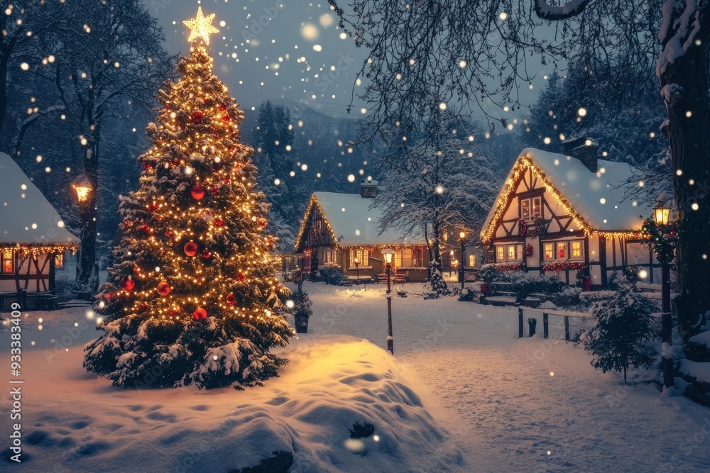 Snowy Night Christmas Village with Decorated Tree Snowy Night Christmas Village with Decorated Tree