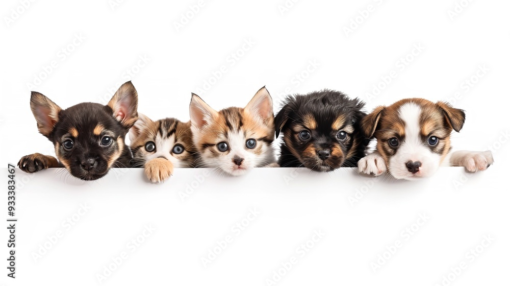 Five pets peeking over white surface Five pets peeking over white surface