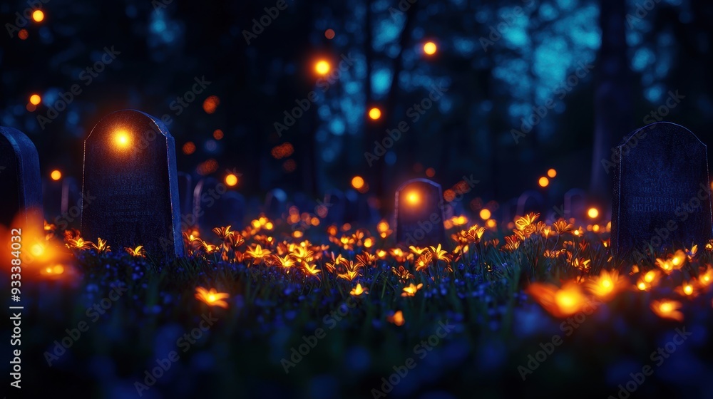 Midnight Mystery: Eerie Graveyard with Glowing Orbs, Ultra HD Midnight Mystery: Eerie Graveyard with Glowing Orbs, Ultra HD